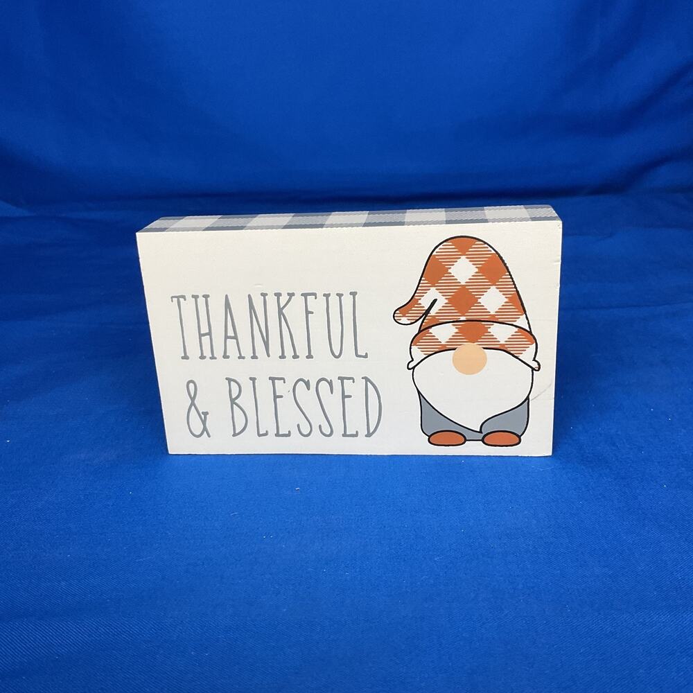 Thankful & Blessed Wooden Block Sign Buffalo Plaid Fall Gnome Thanksgiving Decor